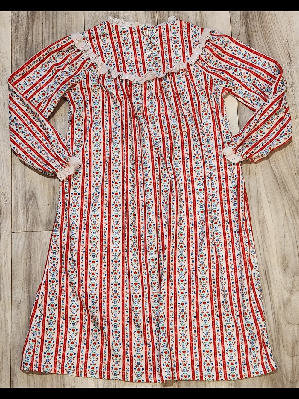 Vintage 100% Cotton Red & White Floral Stripe Nightgown Girl Sz. 12